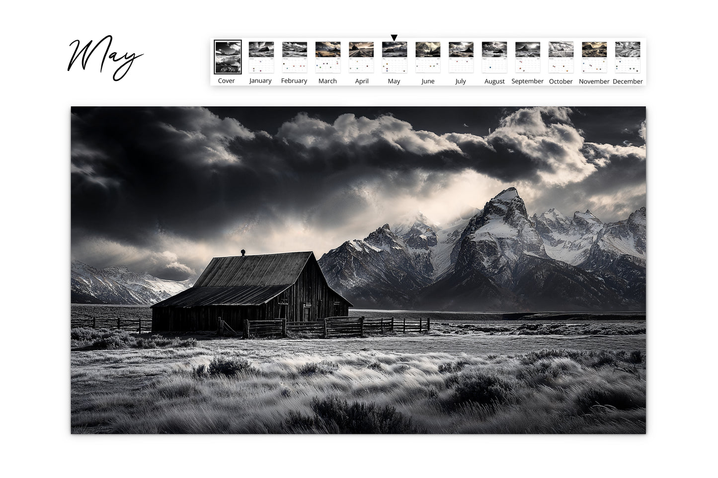 May calendar page featuring a dark stormy sky over an old barn set against a backdrop of rugged mountains and open fields