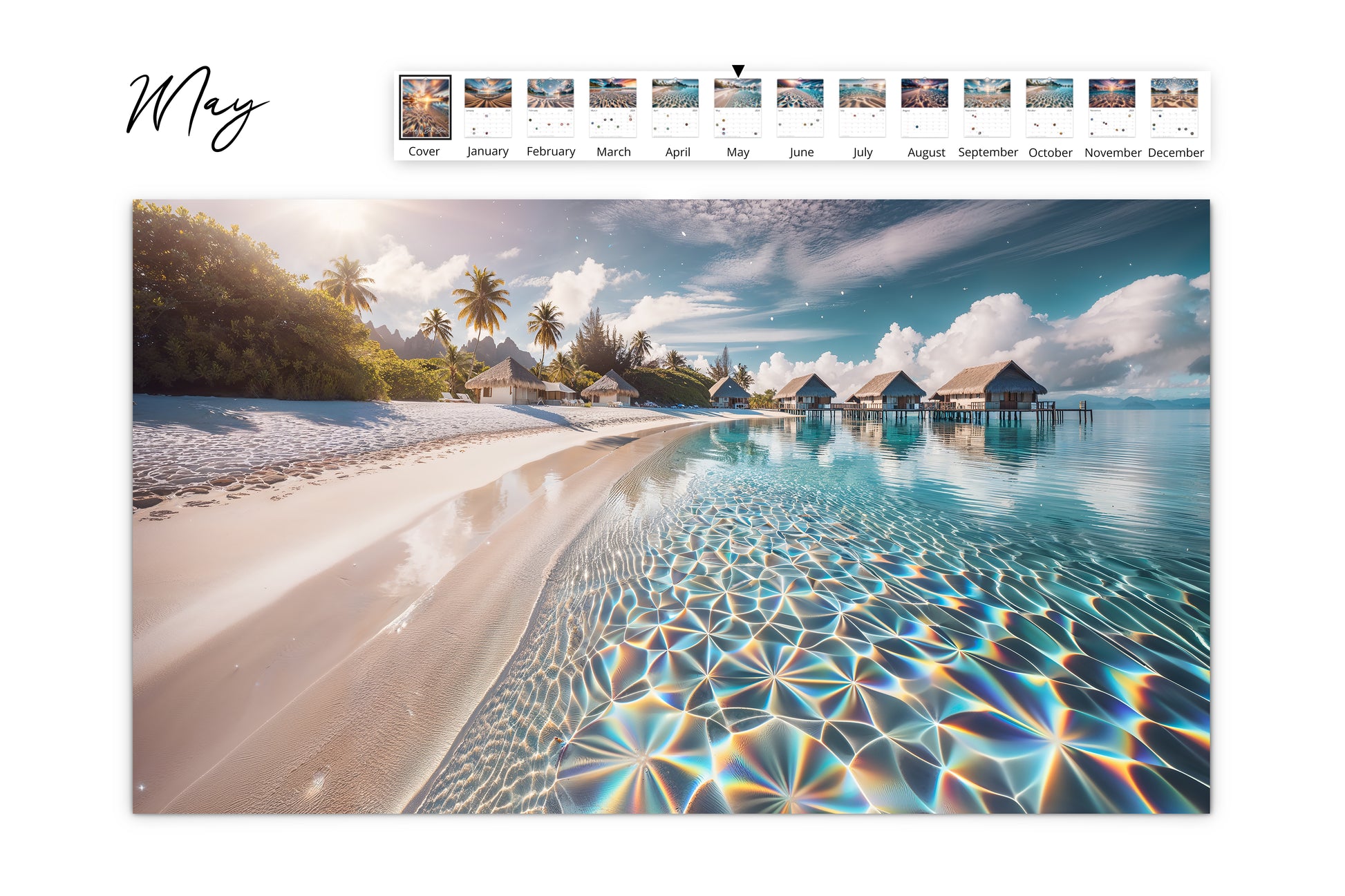 May calendar page with a peaceful scene of the Bora Bora beach and clear waters