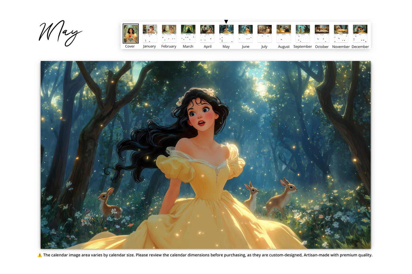 May: Snow White running through an enchanted forest, surrounded by deer and magical light.