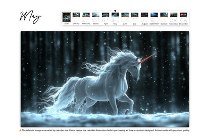 May month featuring a unicorn in a snowy forest with soft light and snowflakes swirling around as it gazes ahead