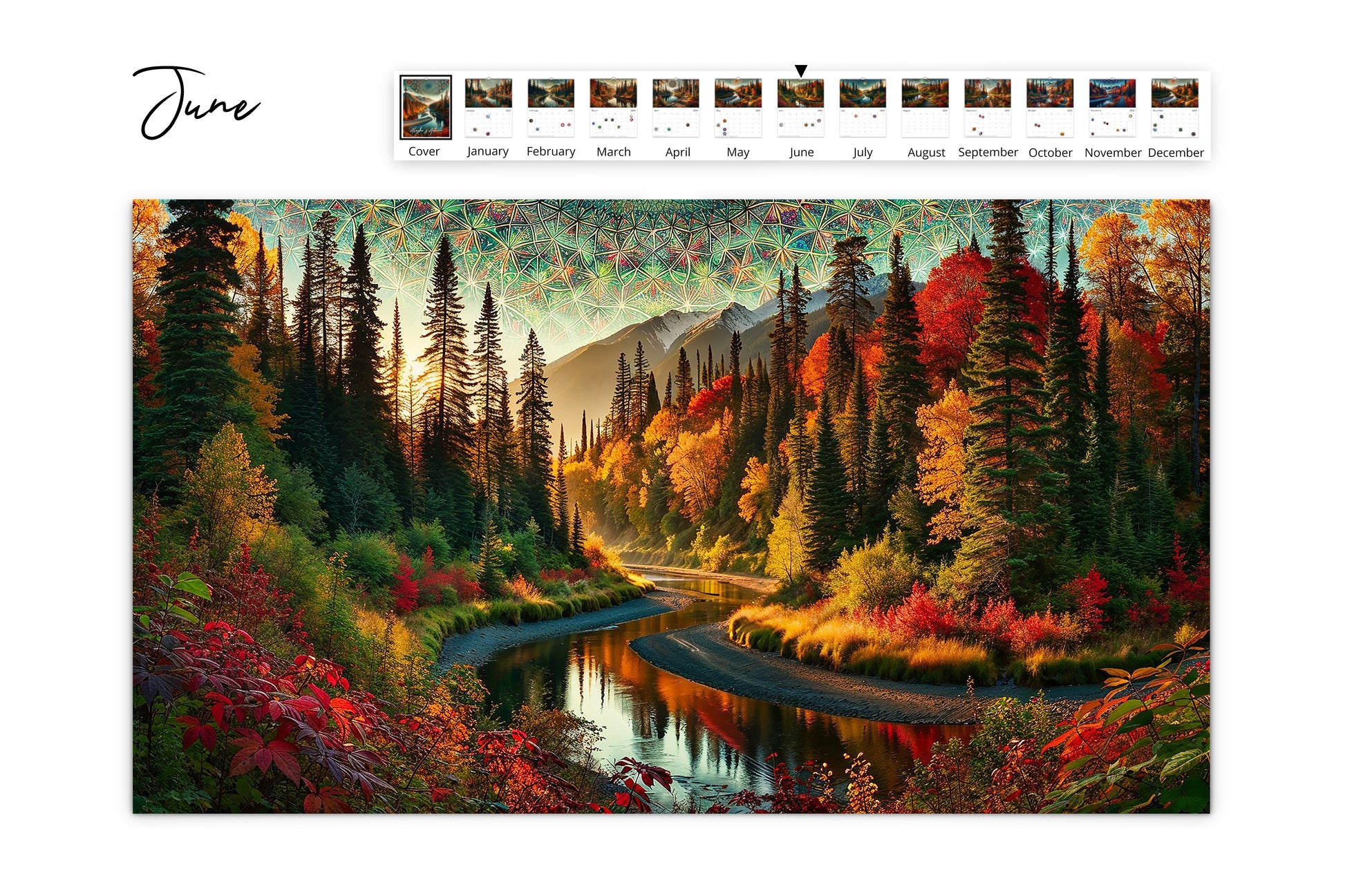 June: Dawn breaks over a meandering river surrounded by Alaskan autumn hues, with a beautifully detailed kaleidoscope pattern enhancing the sky.