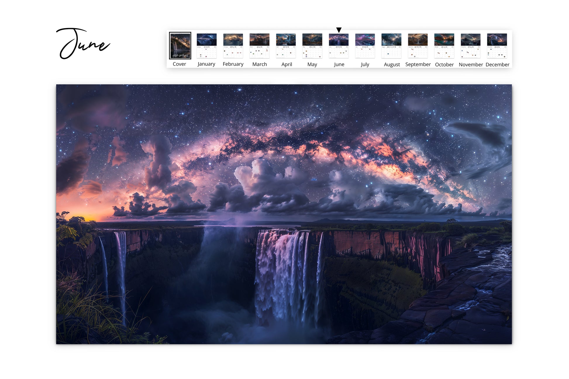 June page of the Artistic Waterfall calendar capturing a waterfall with colorful clouds and a vibrant Milky Way