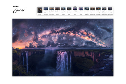 June page of the Artistic Waterfall calendar capturing a waterfall with colorful clouds and a vibrant Milky Way