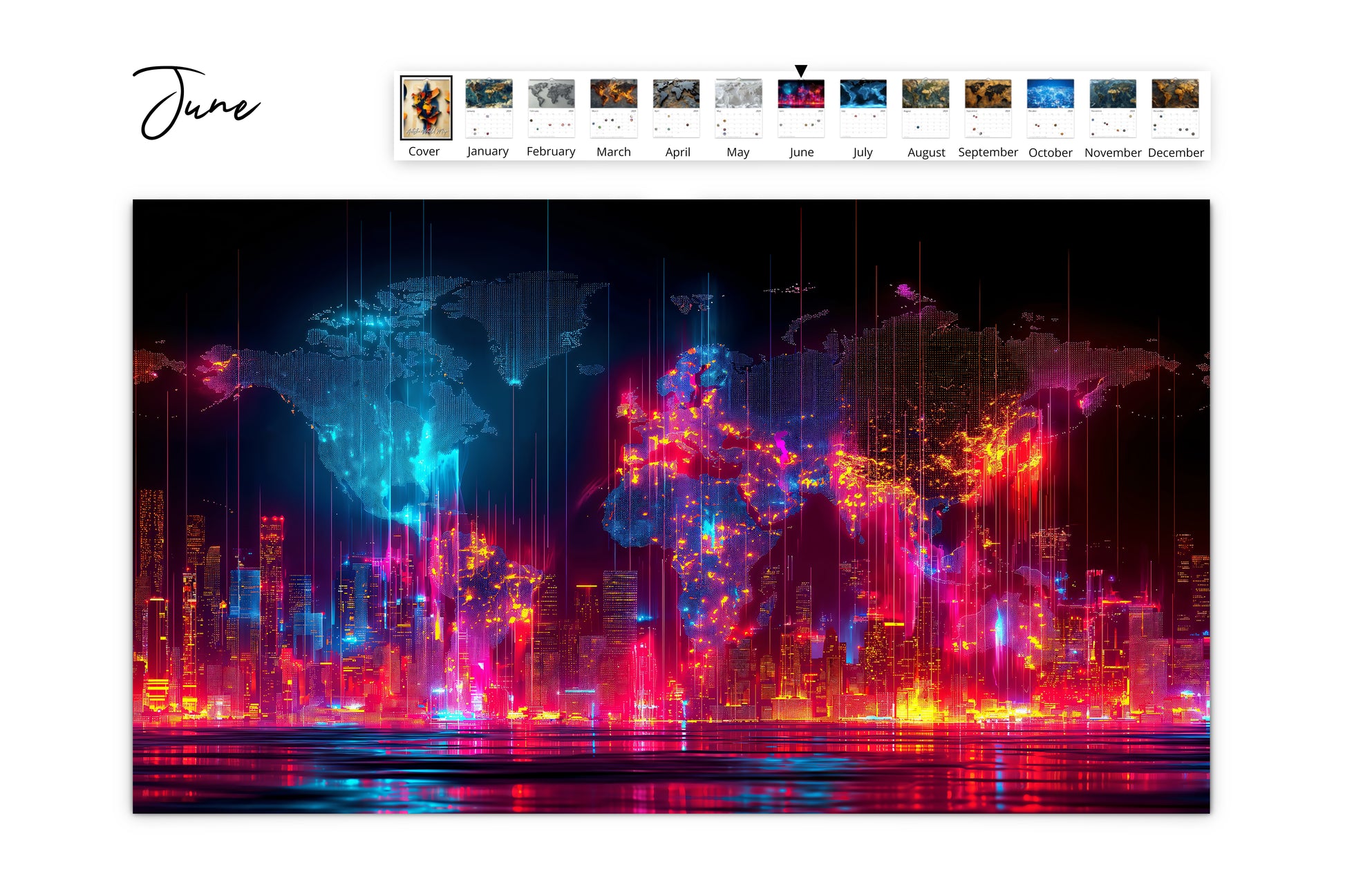 June page of Artistic World Map Wall Calendar featuring a vibrant, neon-lit world map overlaying a cityscape
