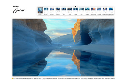 June image of a canyon with smooth rock formations and a reflective stream under soft lighting