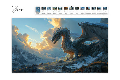 June calendar page showcasing a dragon on a mountain peak during a stunning sunset