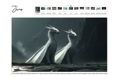 Two regal dragons with wings folded, standing side by side in a misty mountainous setting.