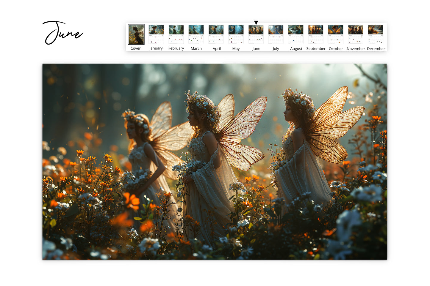 June page of the calendar featuring three fairies in white dresses with flower crowns walking through a field of flowers