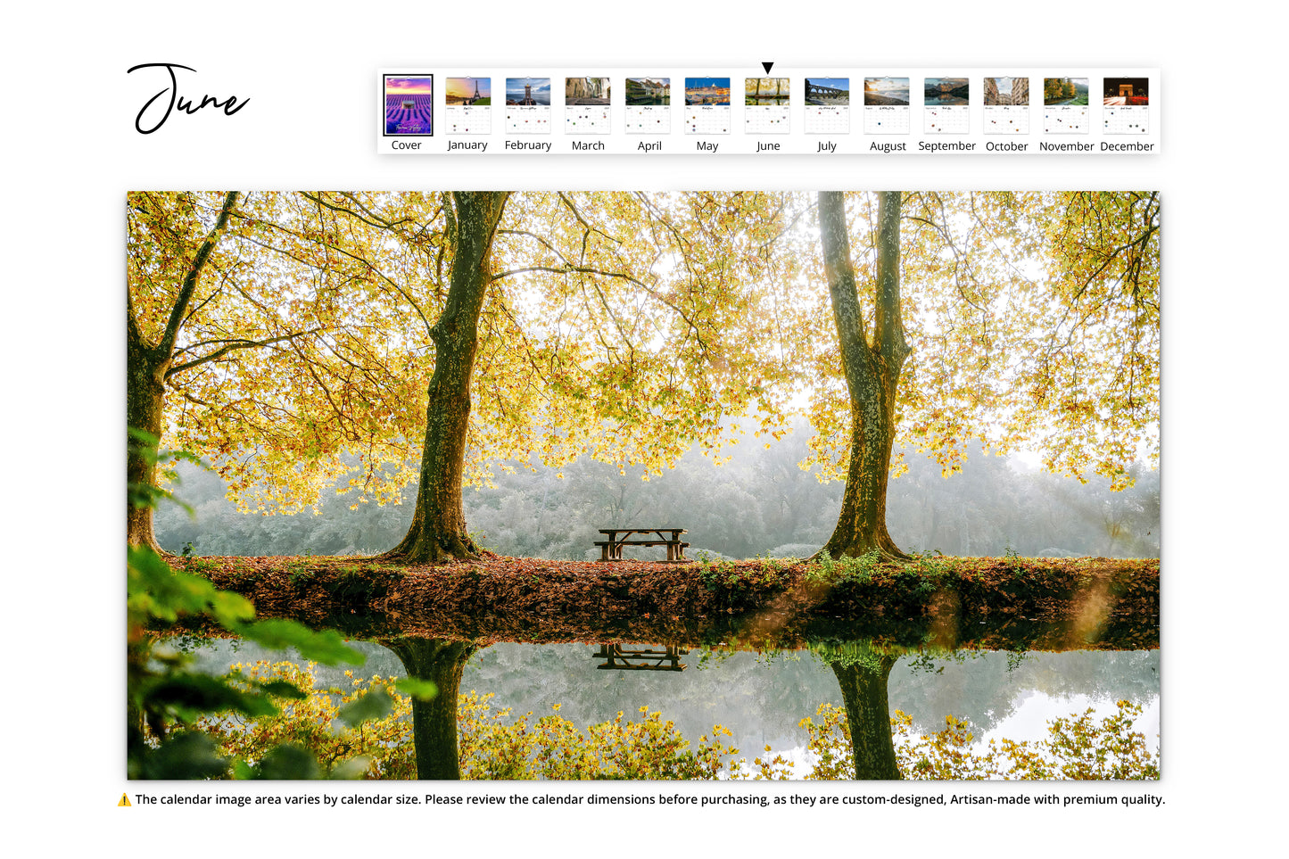 Autumnal park scene with golden trees reflecting on a tranquil pond and a bench beneath.