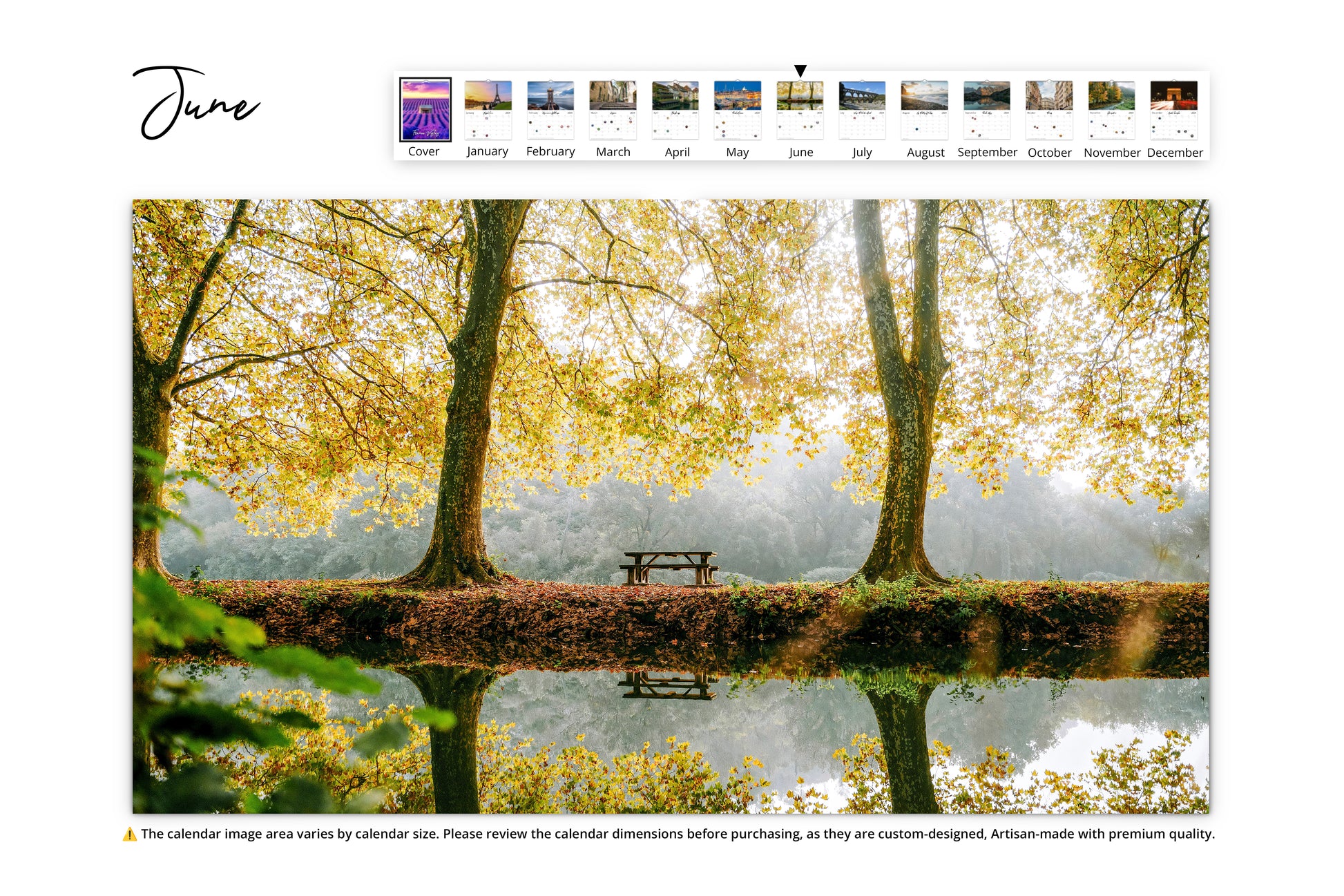 Autumnal park scene with golden trees reflecting on a tranquil pond and a bench beneath.