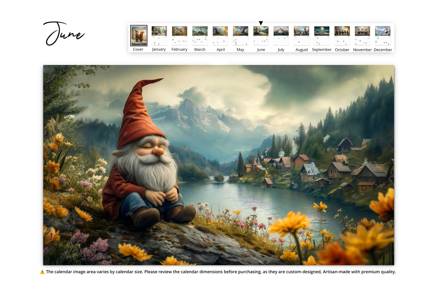 June image of a gnome enjoying the view of a serene lake, surrounded by flowers and a mountain village 