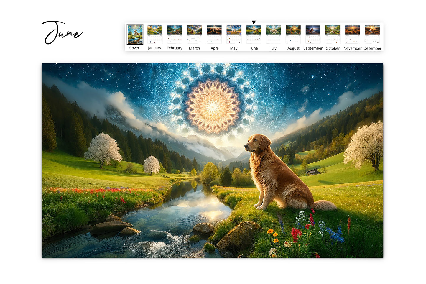 June design showcases a Golden Retriever by a serene riverside at dusk with a starry mandala sky, reflecting the onset of summer.