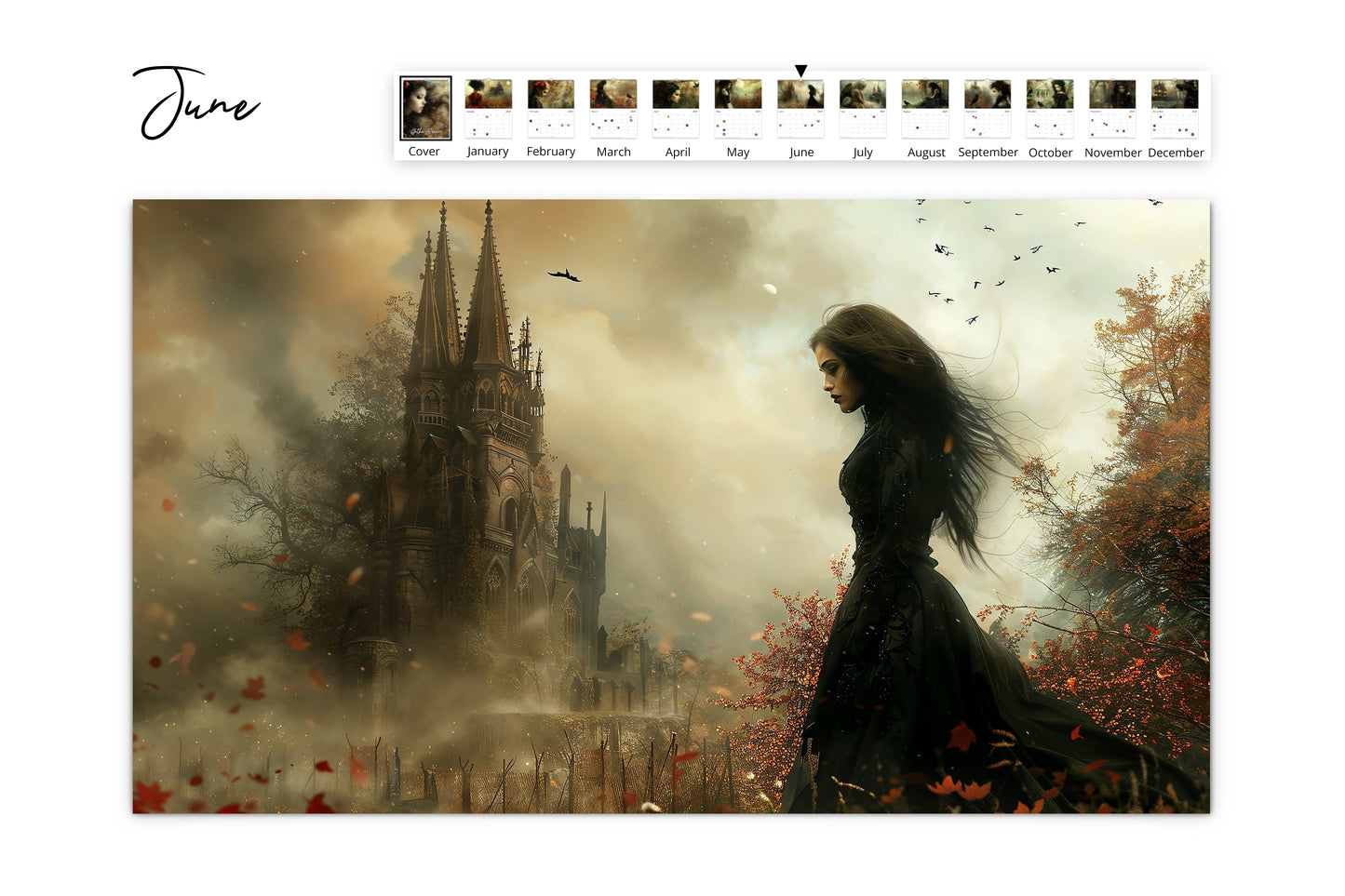 June calendar page with a woman in a black dress standing before a gothic cathedral enveloped in mist