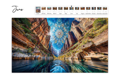 Calendar page with a Grand Canyon view from the Colorado River, highlighted by a stunning kaleidoscope-like sky.