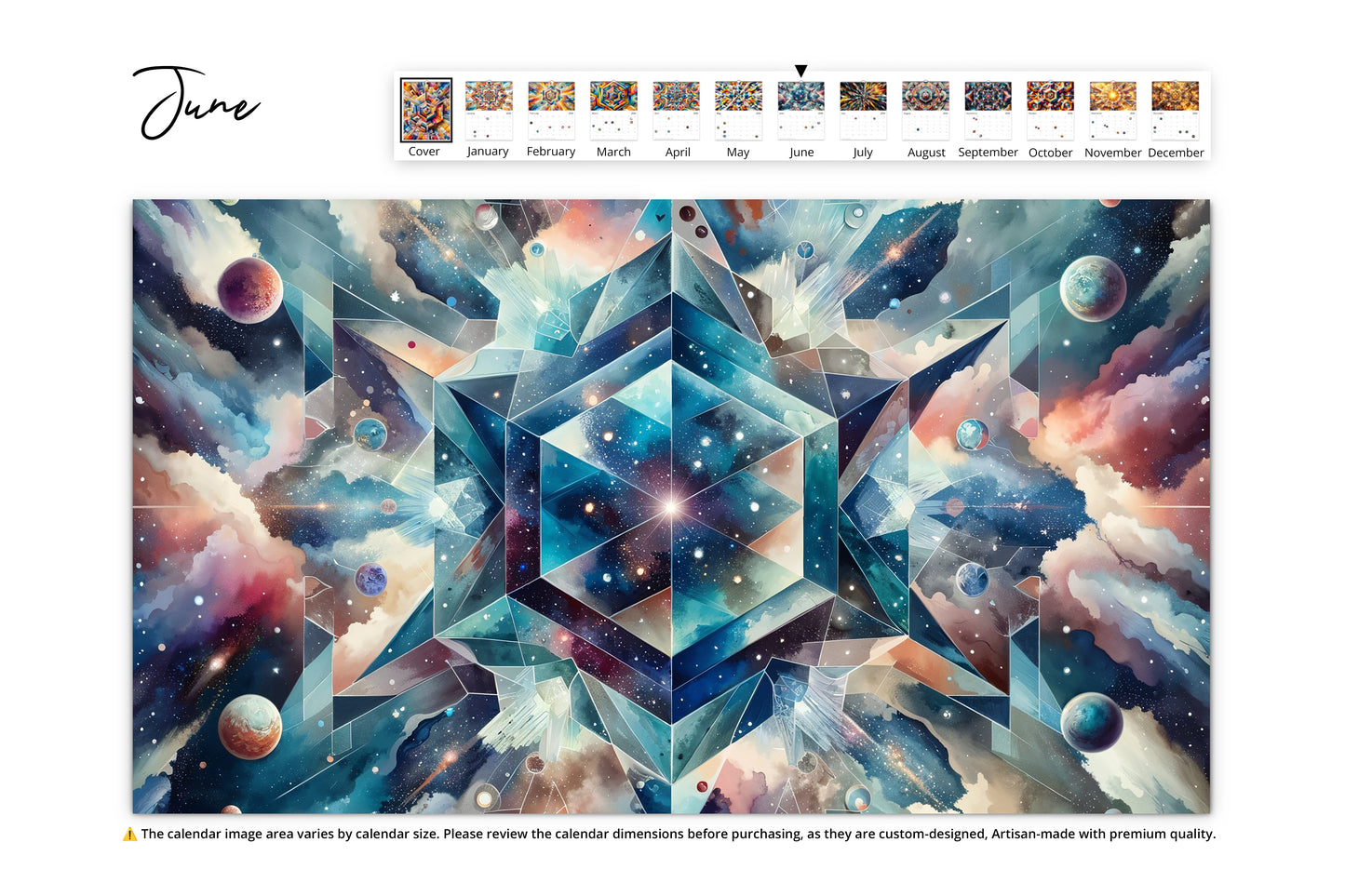 June page showcases a cosmic scene with geometric shapes and celestial bodies set against a backdrop of nebulous, pastel clouds.