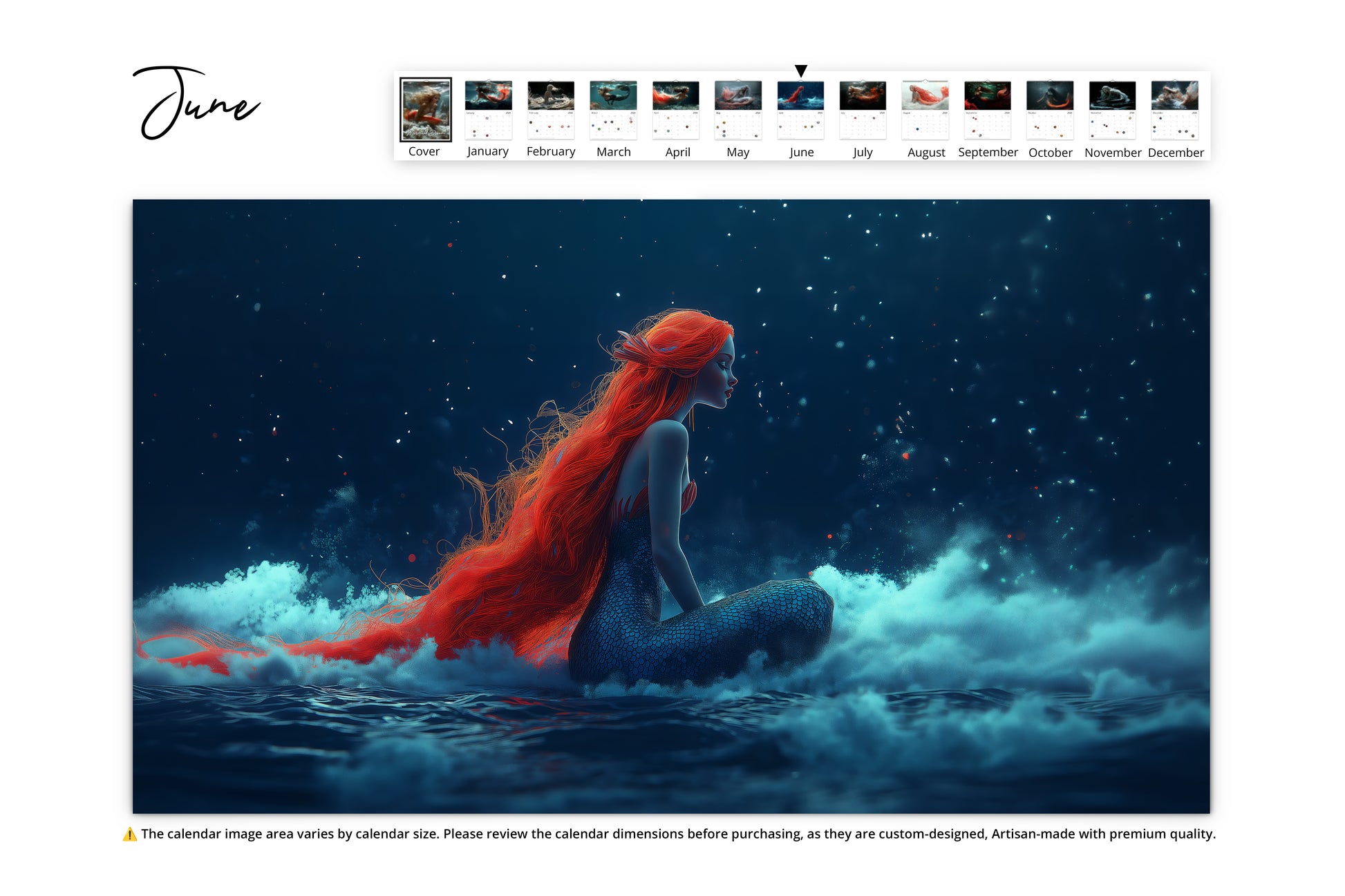 A striking scene of a red-haired mermaid sitting on gentle ocean waves against a deep blue starry sky, her back turned as she gazes into the distance, evoking a magical and reflective atmosphere