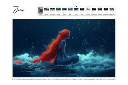 A striking scene of a red-haired mermaid sitting on gentle ocean waves against a deep blue starry sky, her back turned as she gazes into the distance, evoking a magical and reflective atmosphere