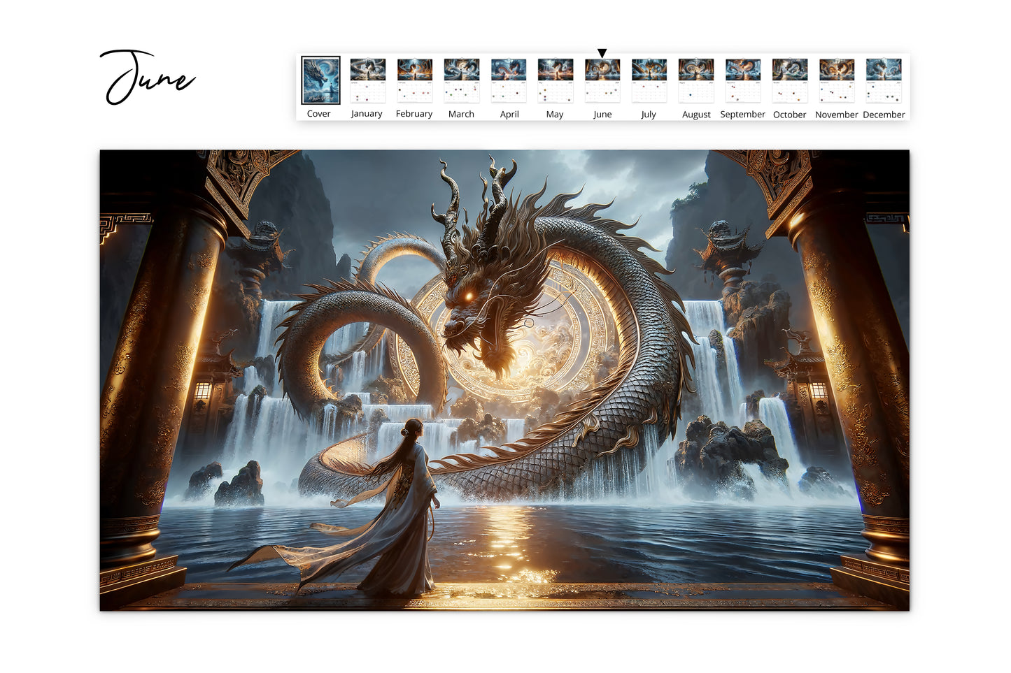 June calendar page with an awe-inspiring dragon coiled around ancient pillars and cascading waterfalls creating a serene and mystical environment