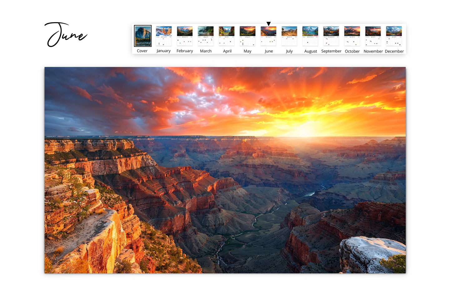 June calendar page featuring the Grand Canyon at sunrise, with vivid orange hues illuminating the canyon walls and a river flowing below.