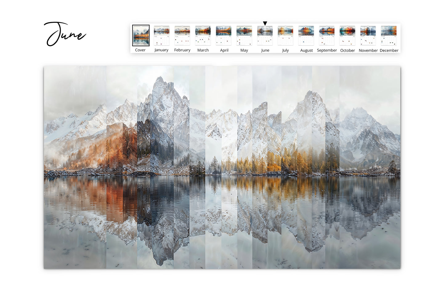 June calendar layout with towering snow-covered peaks, autumn trees, and a serene lake reflection