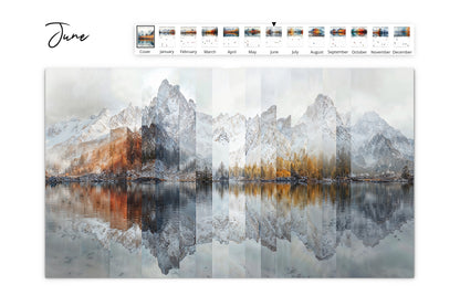 June calendar layout with towering snow-covered peaks, autumn trees, and a serene lake reflection