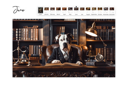 June page of the Paws of Justice calendar displaying an American Pit Bull Terrier in a suit, seated at an ornate wooden desk with books and a vintage lamp