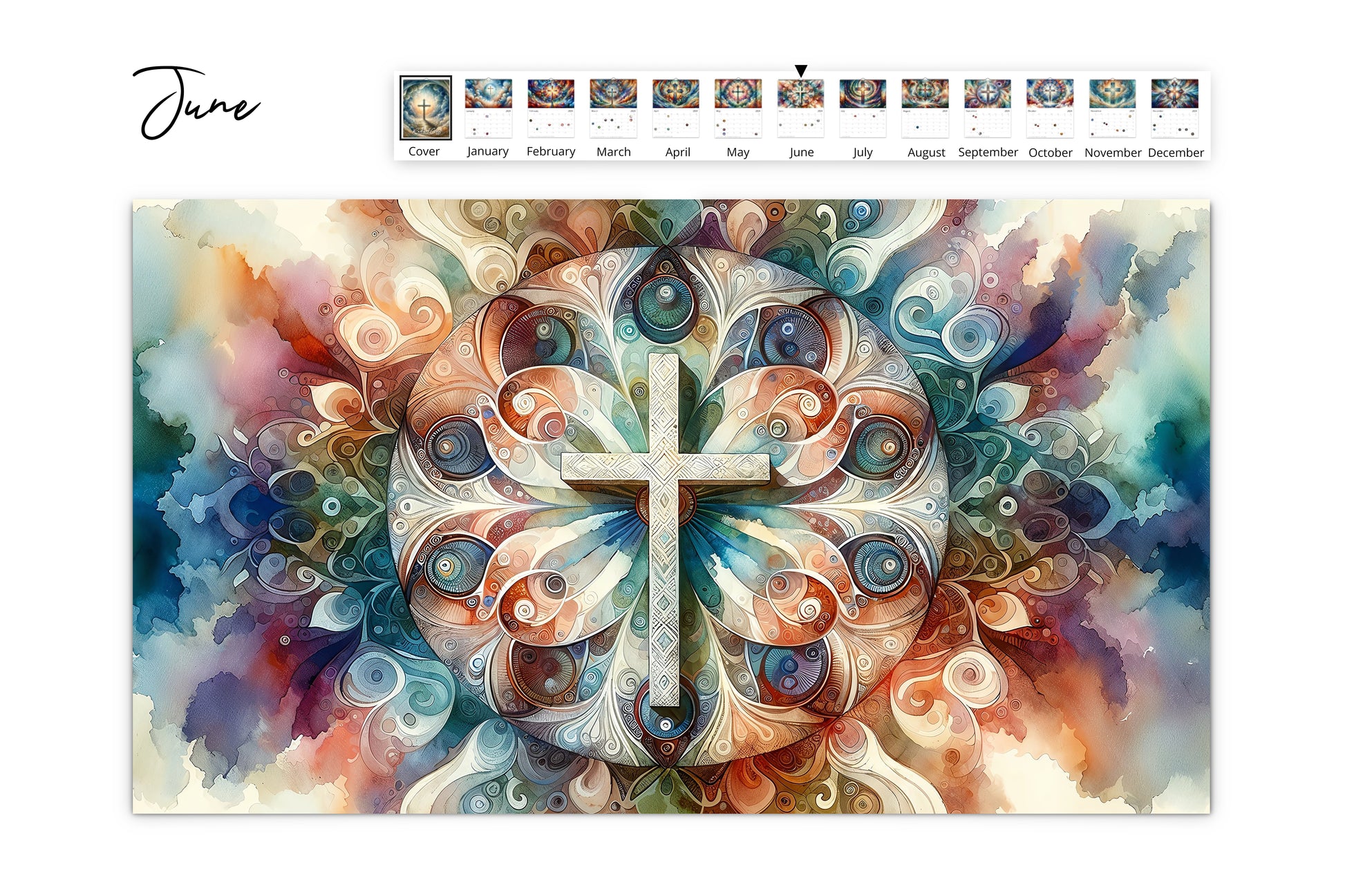 June offers a view of a cross at the center of symmetrical kaleidoscope art, surrounded by cloud swirls and calendar dates.