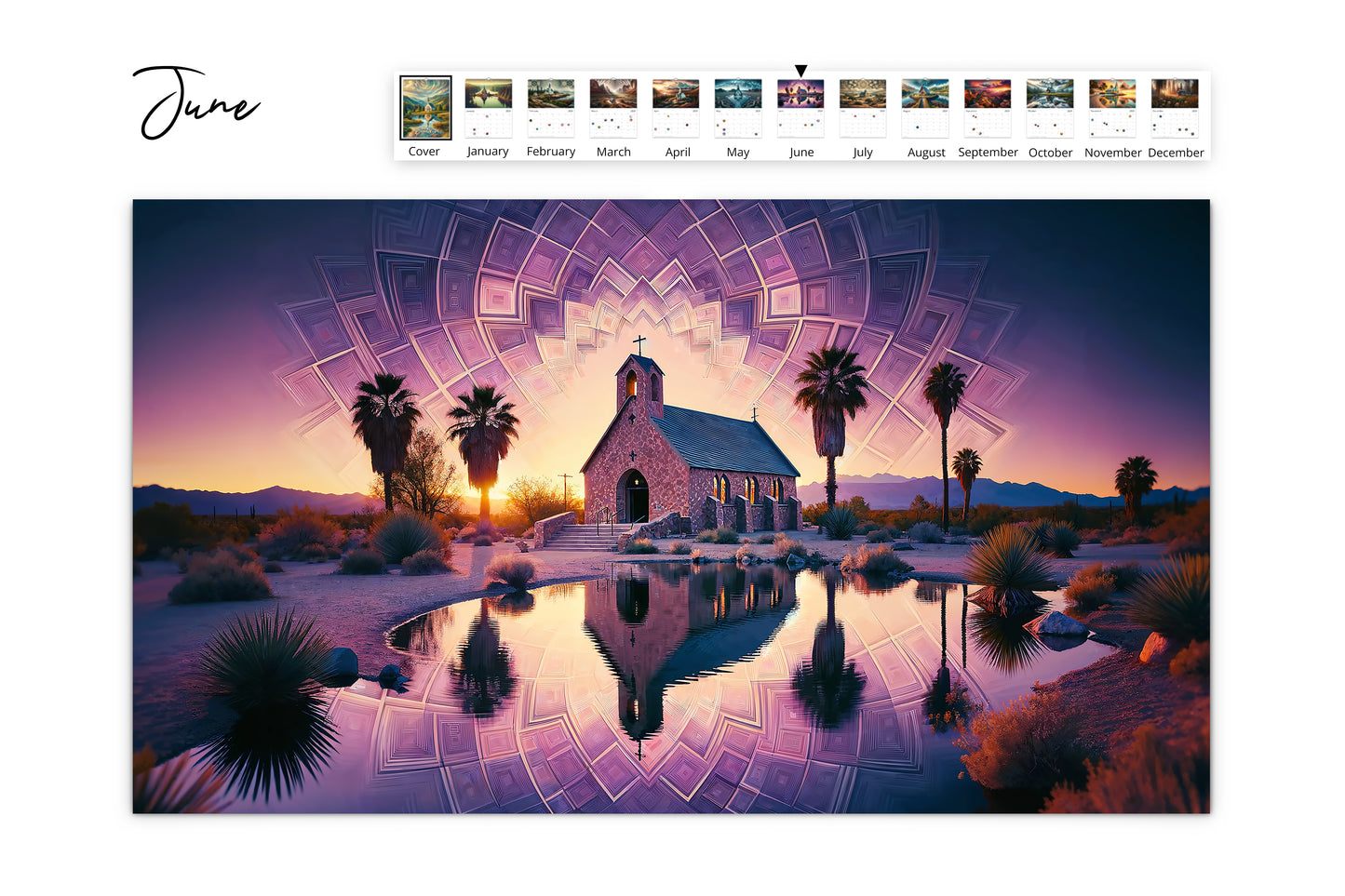 June calendar page with a chapel reflected in a serene desert oasis, framed by palm trees and geometric sky patterns at sunset