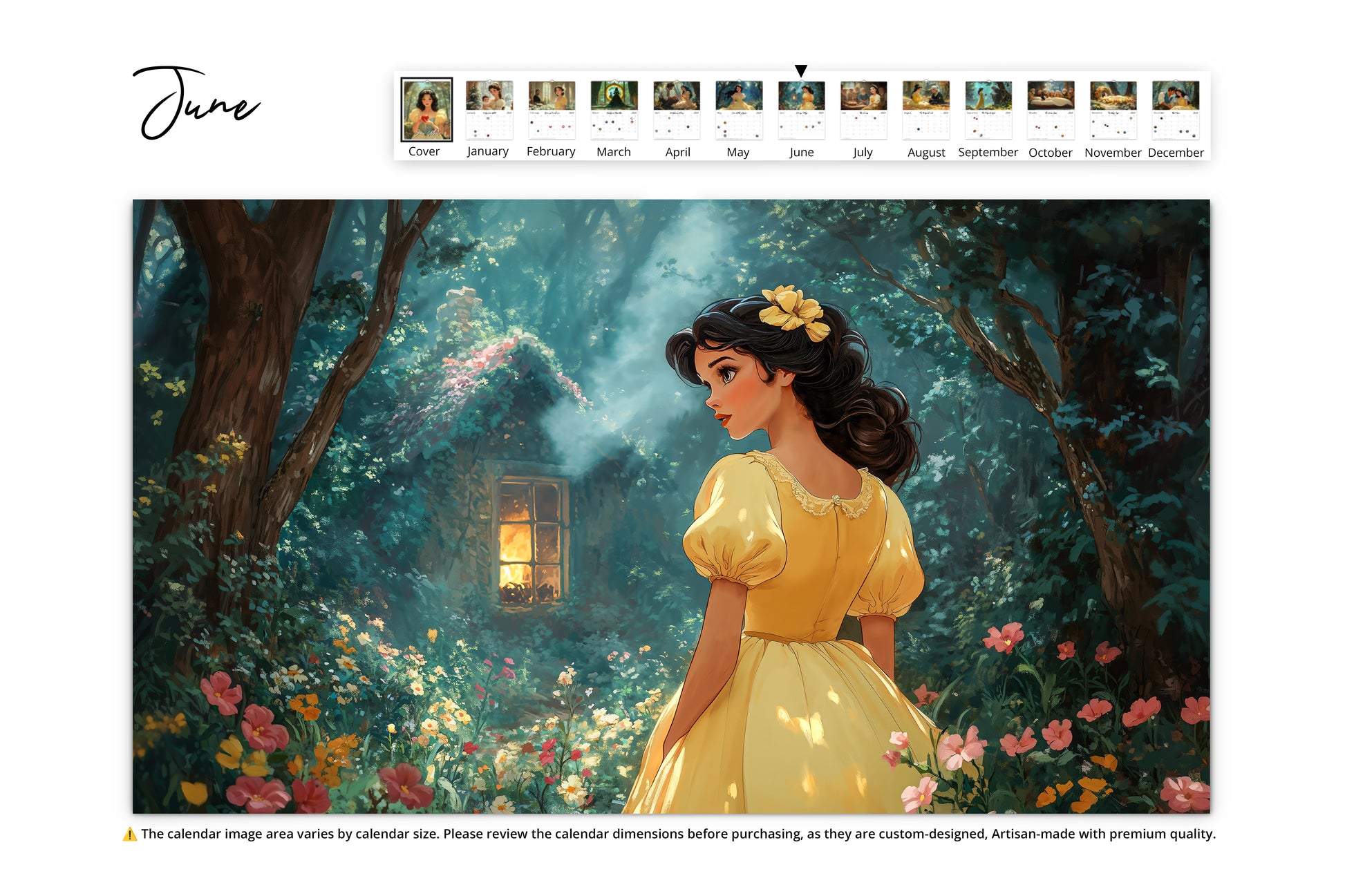 June: Snow White gazing at a quaint woodland cottage nestled in a blooming forest.