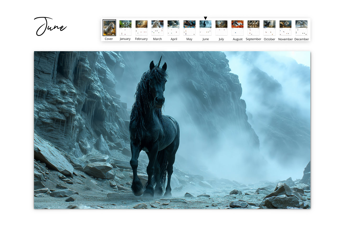 June calendar page showing a powerful black unicorn standing in a misty, rocky landscape with an ethereal atmosphere