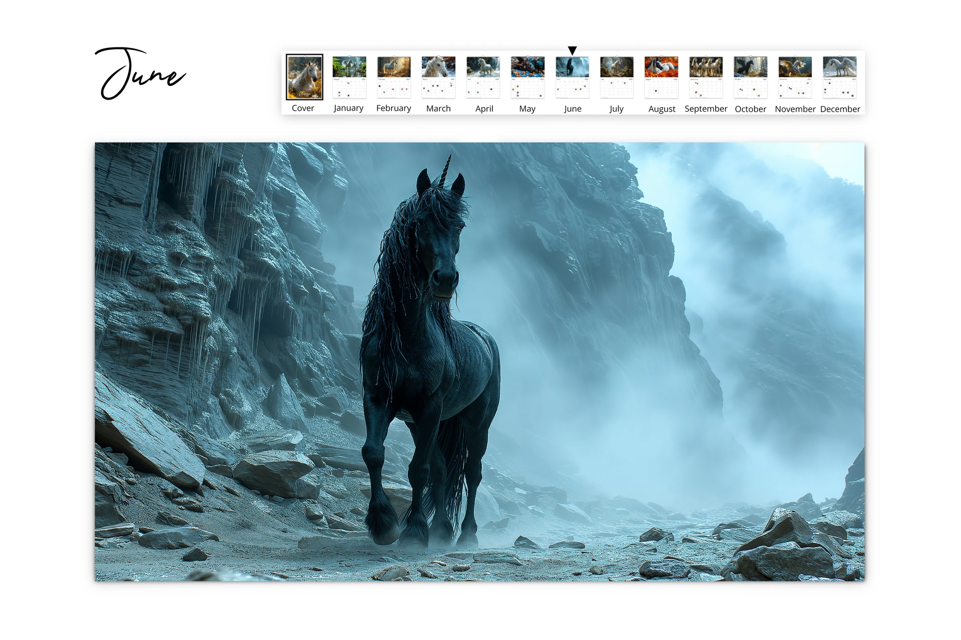 June calendar page showing a powerful black unicorn standing in a misty, rocky landscape with an ethereal atmosphere