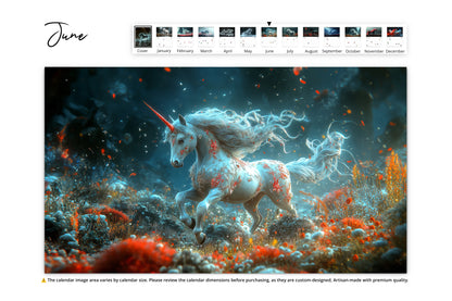 June month showing a vibrant white unicorn with red floral accents galloping through a mystical underwater-like landscape filled with glowing coral