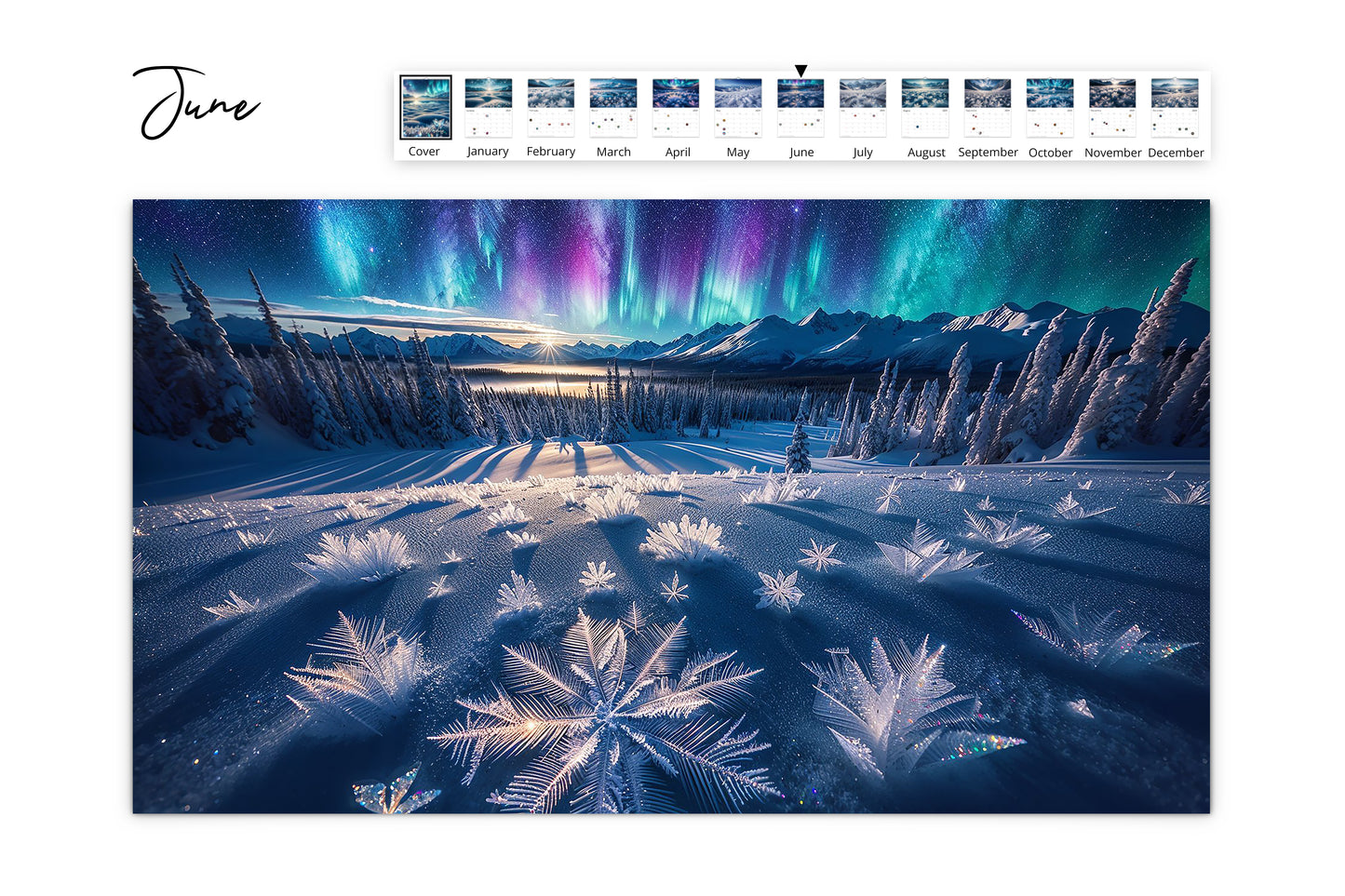 June page captures a snowy forest under the colorful Northern Lights with a mountain silhouette