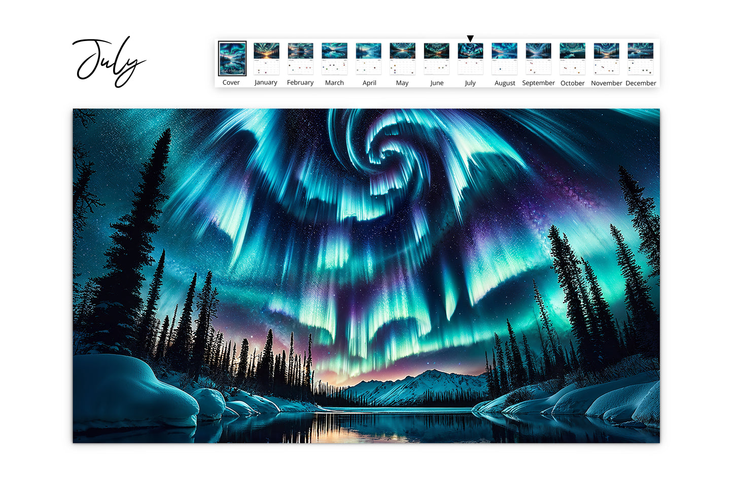 July calendar page depicting a swirling pattern of the northern lights over a calm lake surrounded by snow