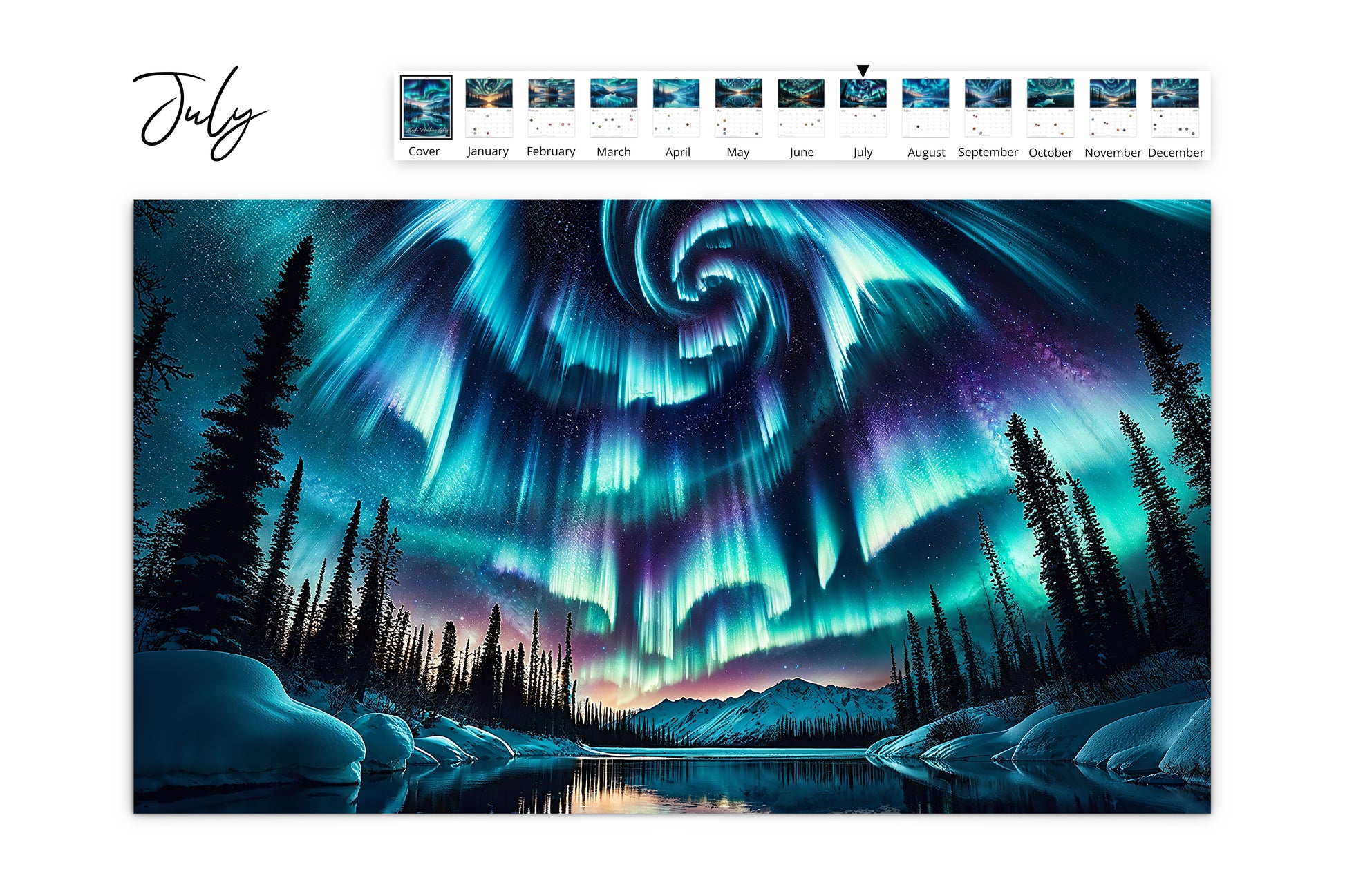 July calendar page depicting a swirling pattern of the northern lights over a calm lake surrounded by snow