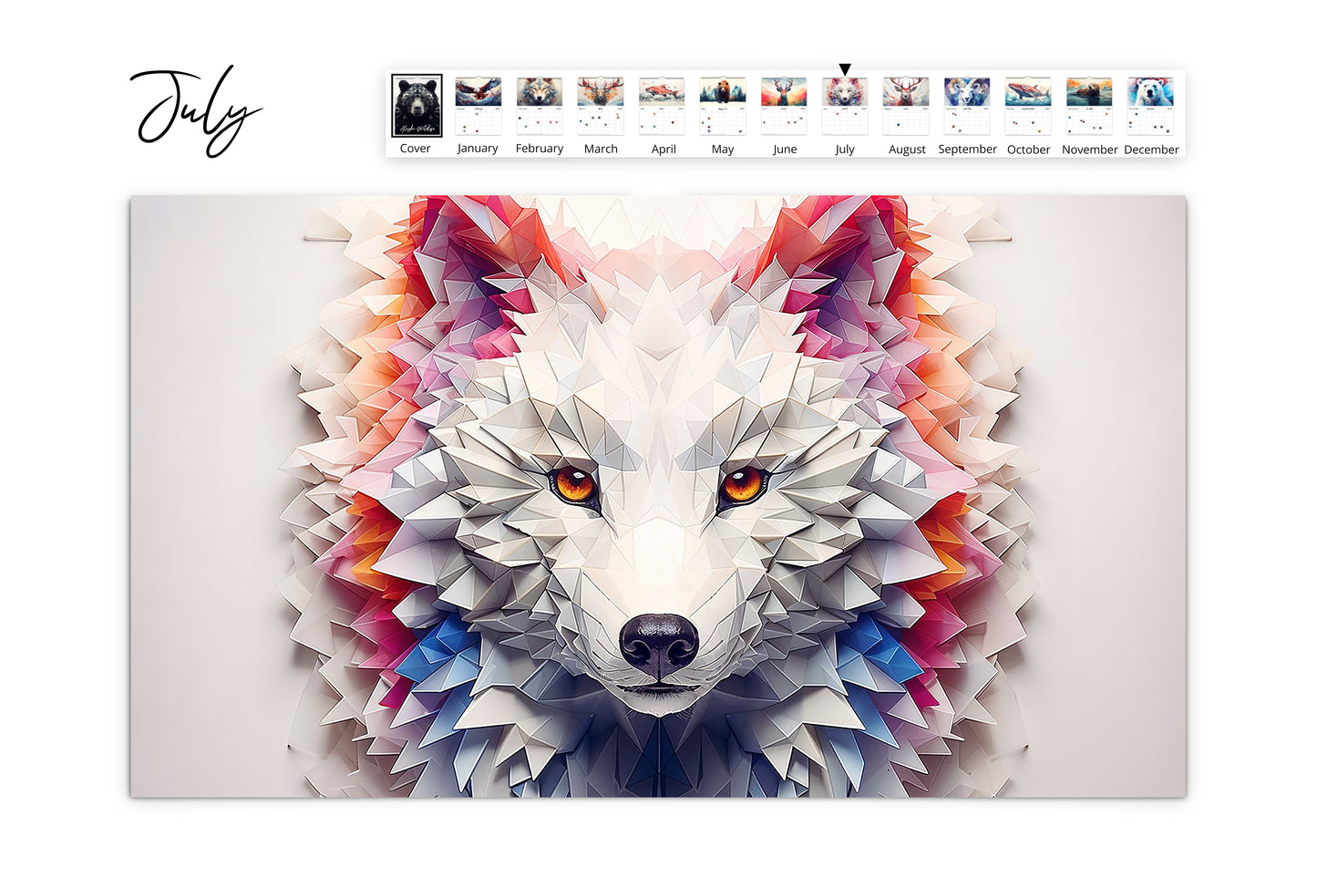 July calendar page showing a geometric white wolf head with a colorful mane and piercing eyes