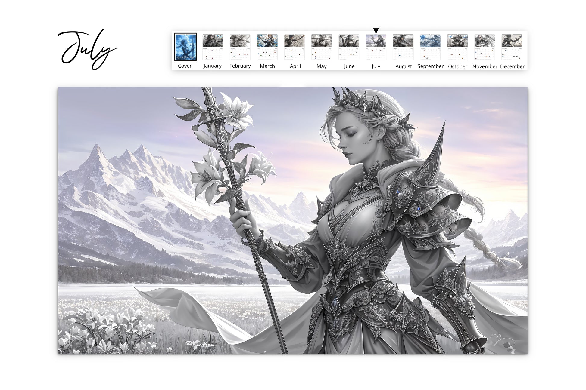 July page of the Anime Inspired Enchantress calendar featuring a serene grayscale image of a warrior princess holding a floral staff, set against a snowy mountain backdrop