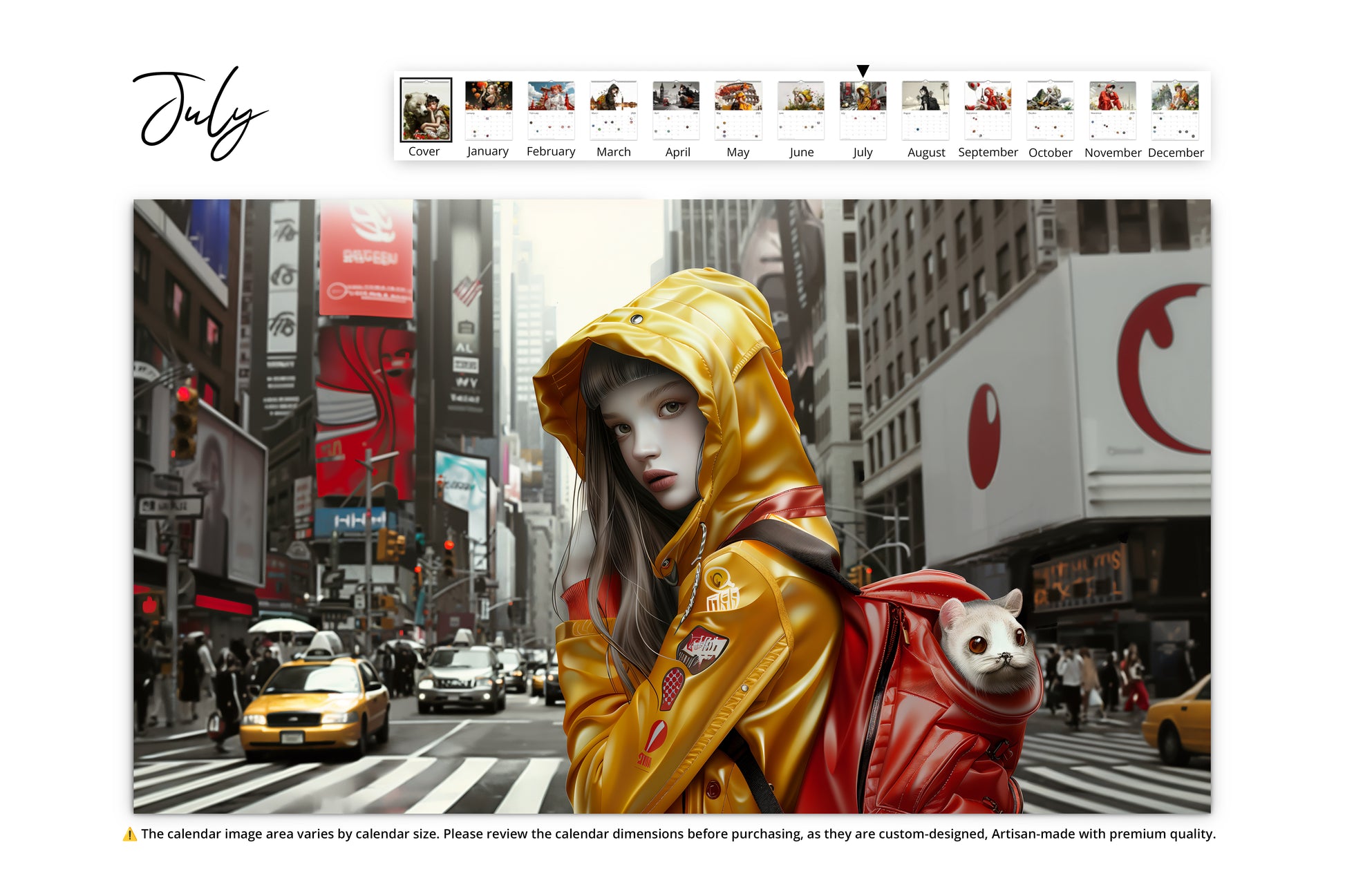 July page showing a girl in a yellow raincoat standing in a busy city street, with tall buildings and a cat peeking out from her backpack