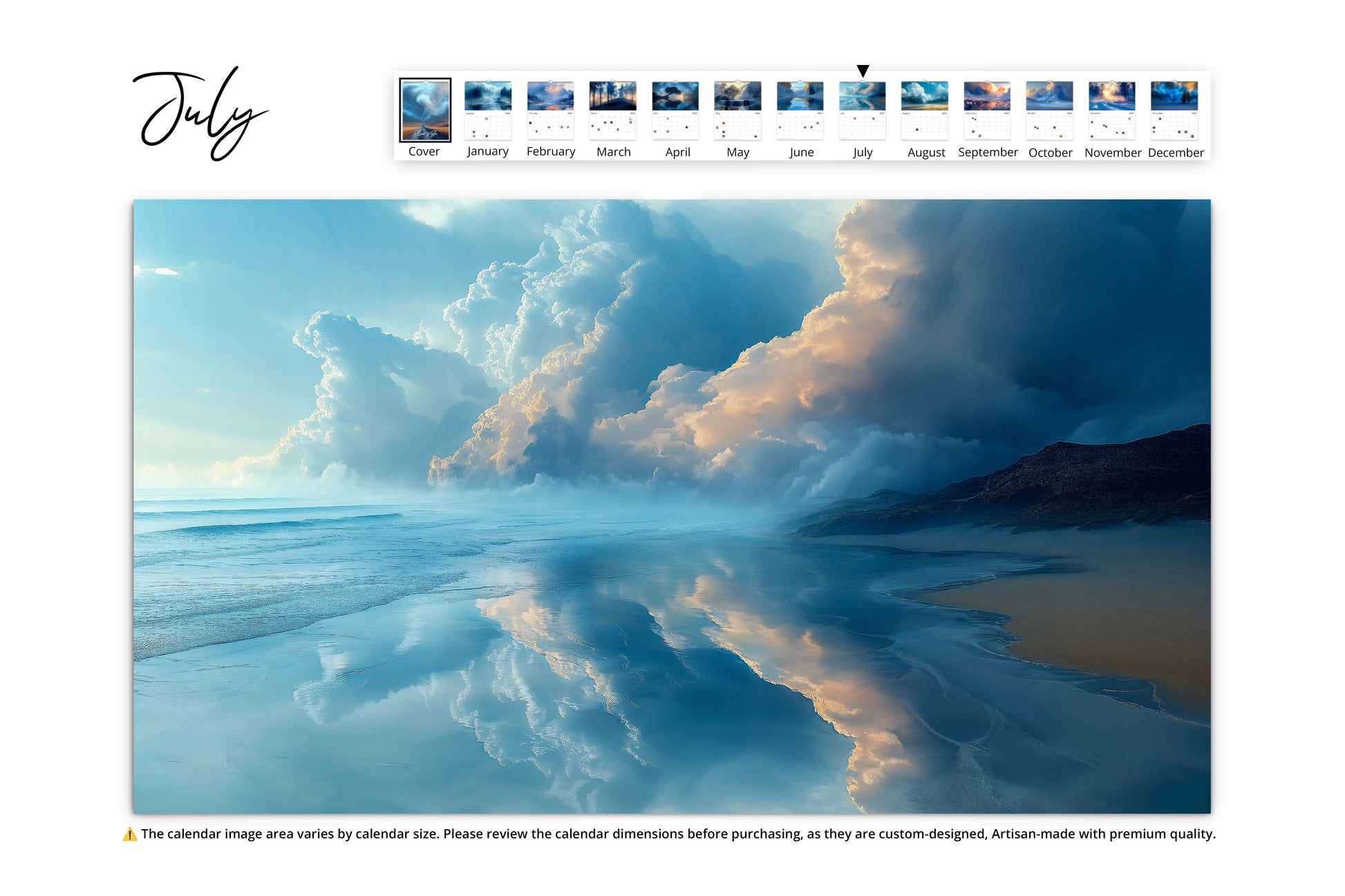 July image of a vast beach with dramatic clouds mirrored on the water's surface