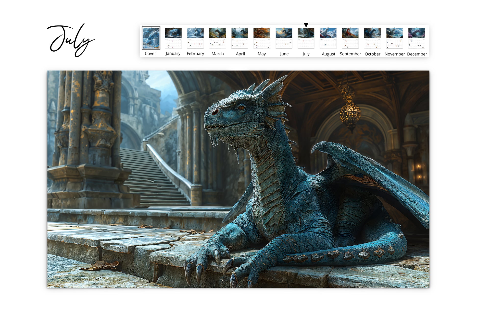 July calendar page depicting a dragon resting on ancient stone ruins with grand staircases