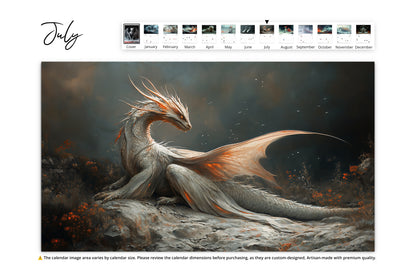 A majestic dragon with glowing orange accents, resting on a rocky landscape with smoldering background.