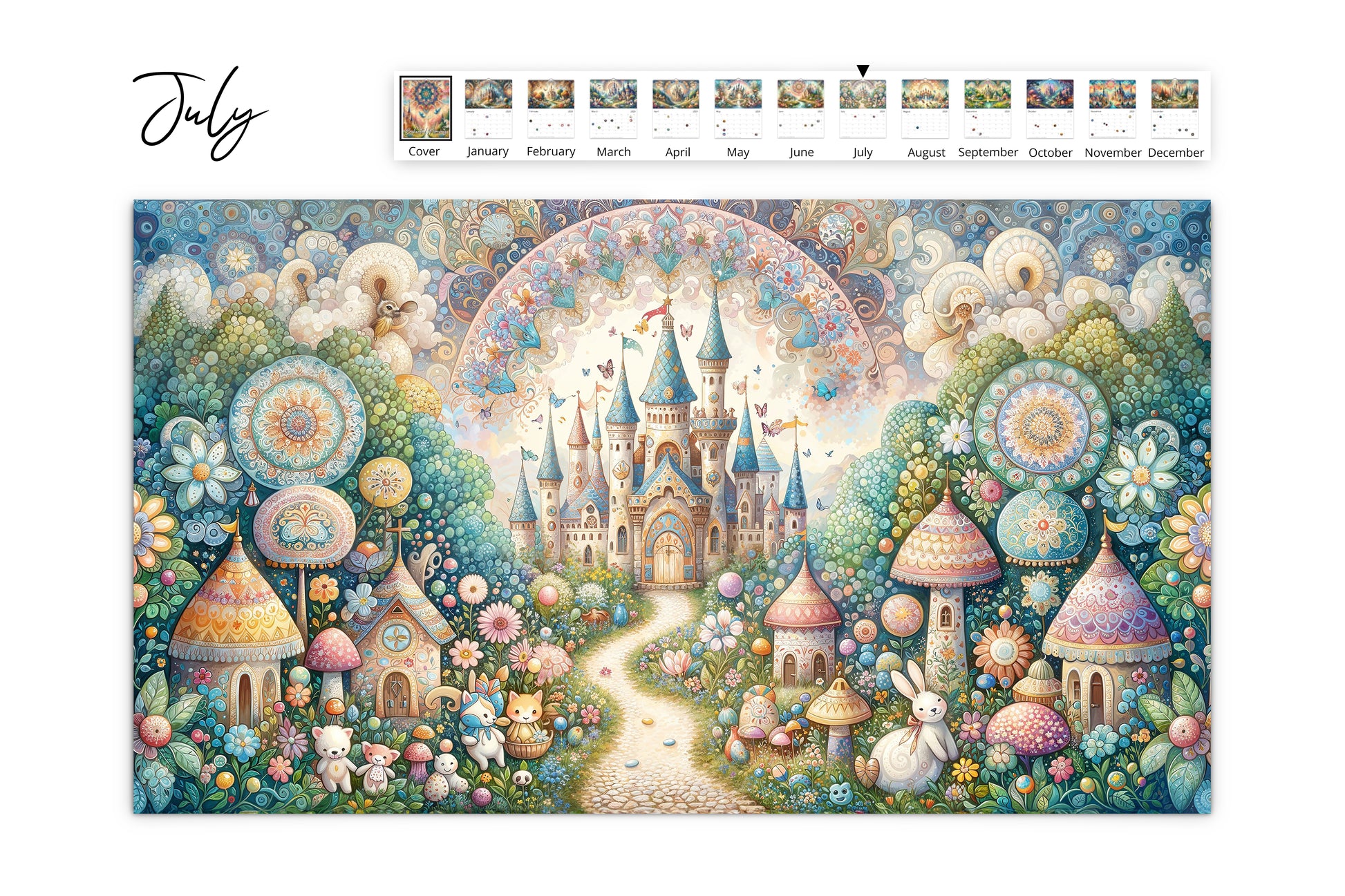 July calendar page displaying a whimsical castle village with charming houses, intricate floral designs, and playful creatures