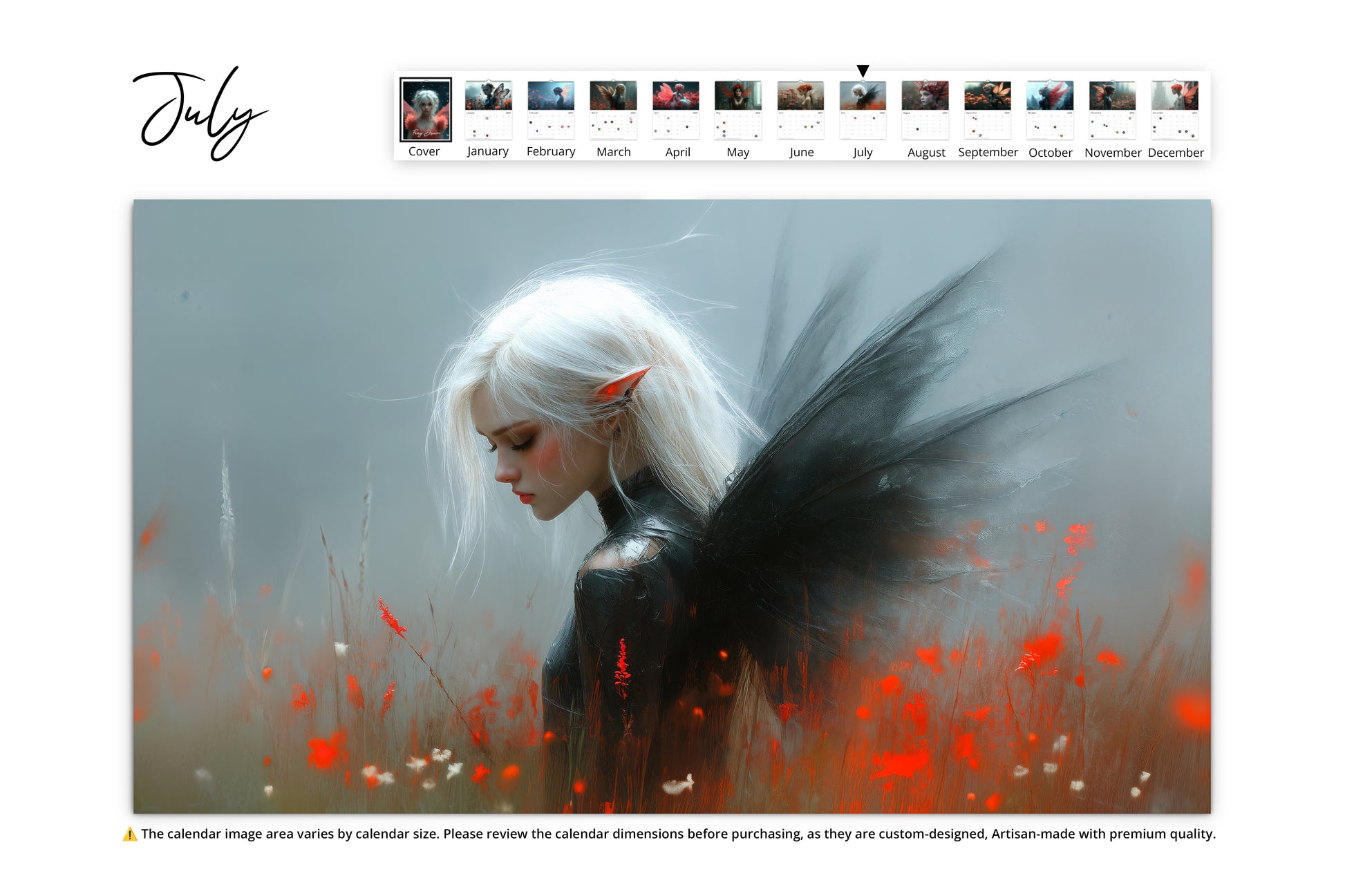 A white-haired fairy with black wings stands in a field of red flowers. Her downcast gaze and soft background create a melancholy, peaceful mood.