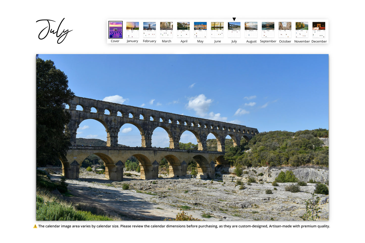 The ancient Roman aqueduct Pont du Gard in southern France, against a bright blue sky.