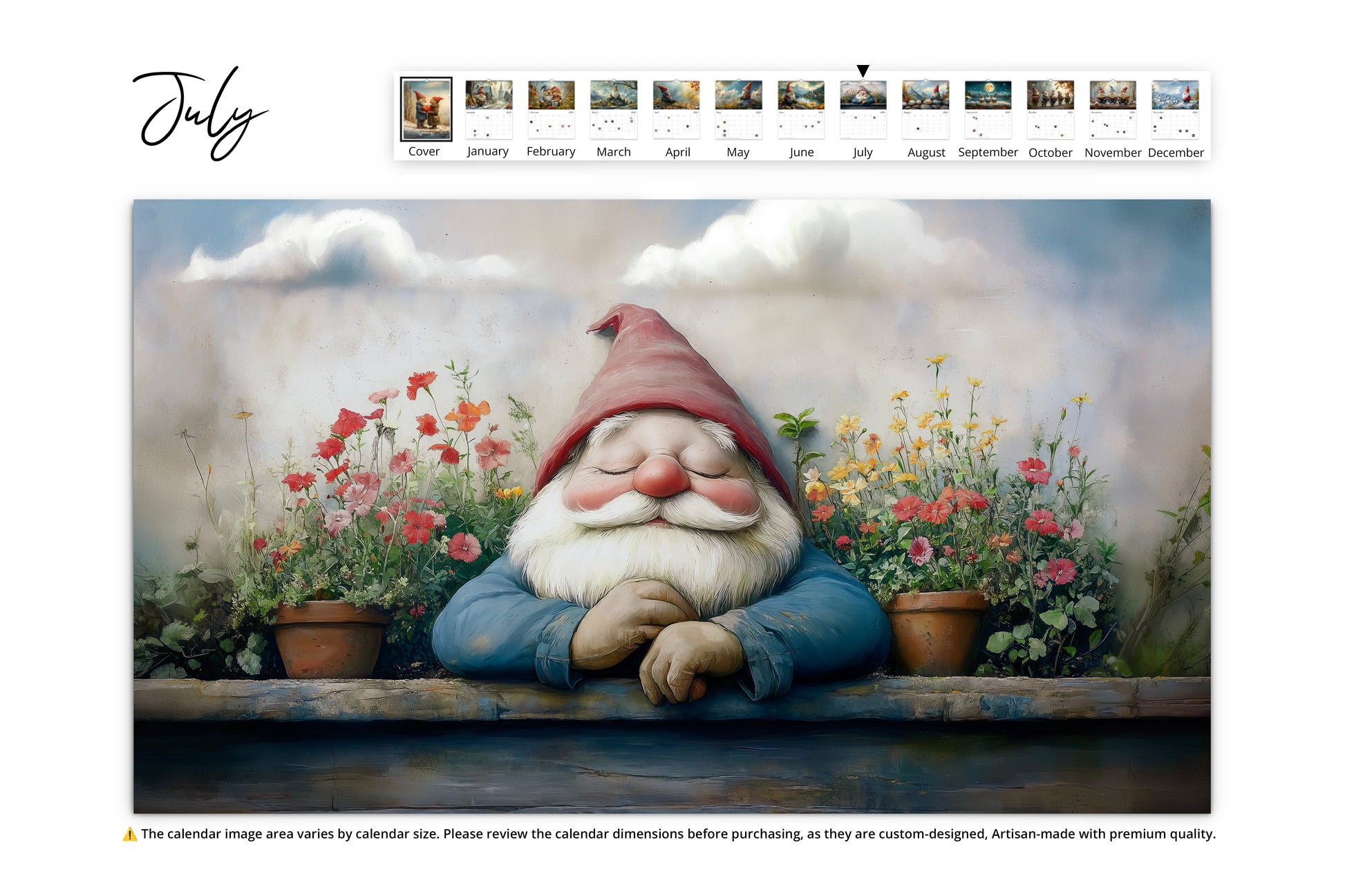 July image of a cheerful gnome leaning on a fence with flower pots and a bright, summery sky 