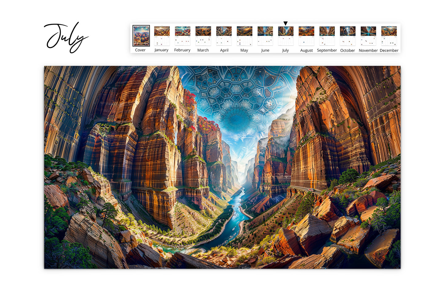 Calendar page with towering Grand Canyon cliffs and a mosaic sky. A winding river adds depth and perspective to the scene.