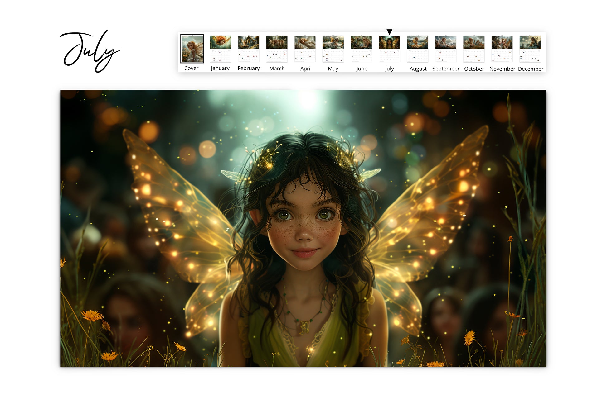 July page capturing a fairy girl with glowing golden wings and twinkling lights in a magical nighttime scene