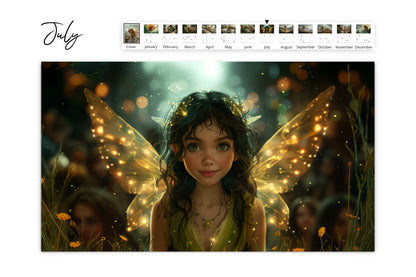 July page capturing a fairy girl with glowing golden wings and twinkling lights in a magical nighttime scene