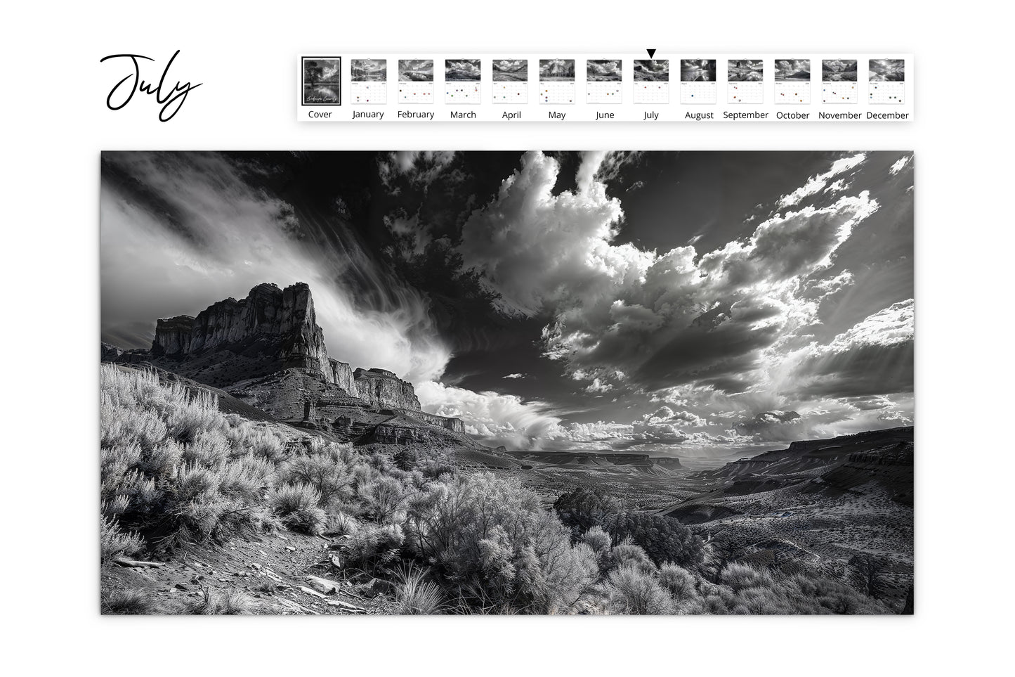 July calendar image capturing a wide view of a rugged desert canyon under a sky with swirling clouds and distant plateaus.