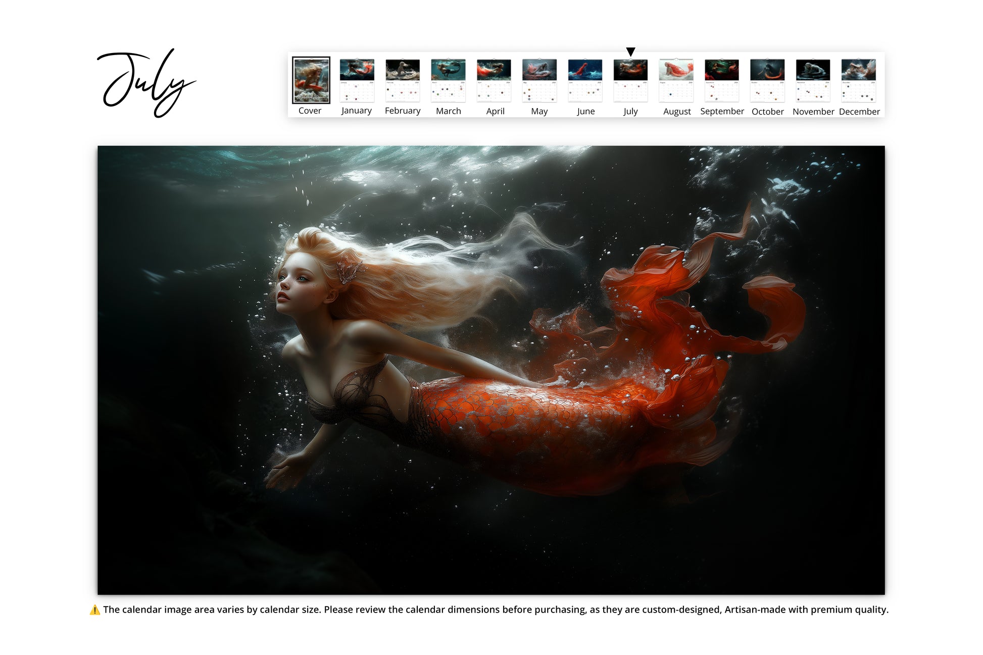 A dynamic underwater shot of a blonde mermaid with an orange-red tail swimming gracefully in the dark ocean, her hair and tail flowing with the current, embodying the height of summer.